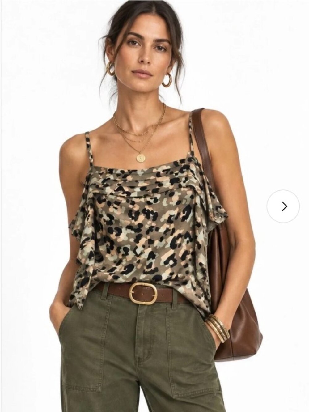 CAbi Multi Color Algeria Tiered Leopard Print Cold Shoulder Tank #5360